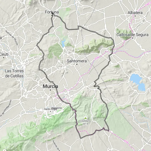 Miniatura della mappa di ispirazione al ciclismo "Giro in bicicletta Zeneta - Picacho - Zarandona - Los Valientes" nella regione di Región de Murcia, Spain. Generata da Tarmacs.app, pianificatore di rotte ciclistiche
