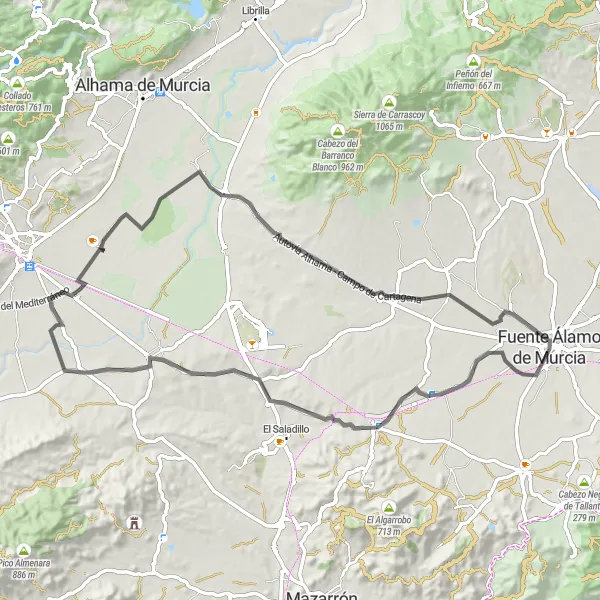 Map miniature of "Paretón Loop" cycling inspiration in Región de Murcia, Spain. Generated by Tarmacs.app cycling route planner