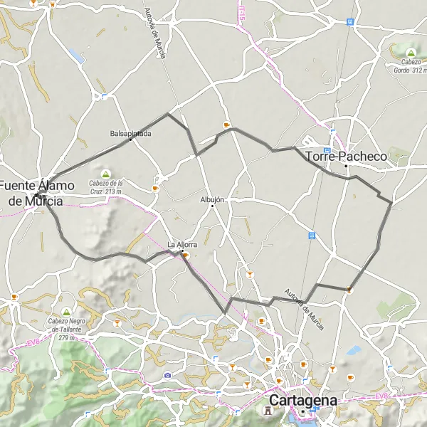 Map miniature of "Balsapintada Loop" cycling inspiration in Región de Murcia, Spain. Generated by Tarmacs.app cycling route planner