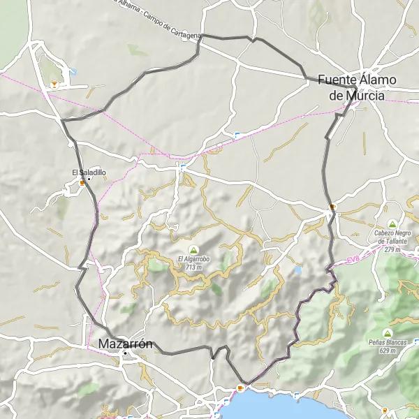 Miniatura della mappa di ispirazione al ciclismo "Tour ciclistico tra morfologie variegate nei pressi di Fuente Álamo de Murcia" nella regione di Región de Murcia, Spain. Generata da Tarmacs.app, pianificatore di rotte ciclistiche