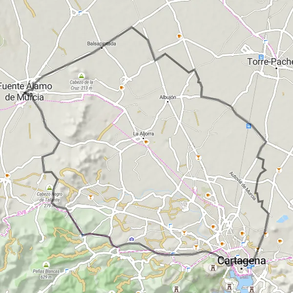 Miniatura mapy "Trasa rowerowa w okolicach Fuente-Álamo" - trasy rowerowej w Región de Murcia, Spain. Wygenerowane przez planer tras rowerowych Tarmacs.app