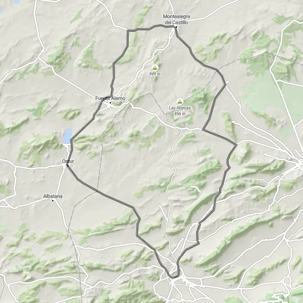 Miniatua del mapa de inspiración ciclista "Ruta en bicicleta de carretera por Jumilla y Castillo de Jumilla" en Región de Murcia, Spain. Generado por Tarmacs.app planificador de rutas ciclistas