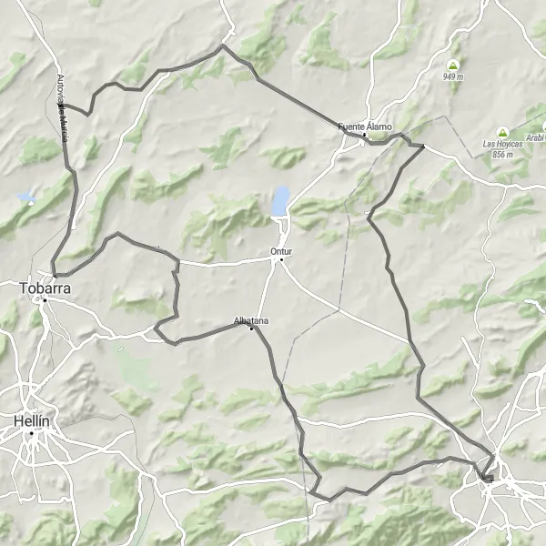 Miniature de la carte de l'inspiration cycliste "Les montagnes de Jumilla" dans la Región de Murcia, Spain. Générée par le planificateur d'itinéraire cycliste Tarmacs.app