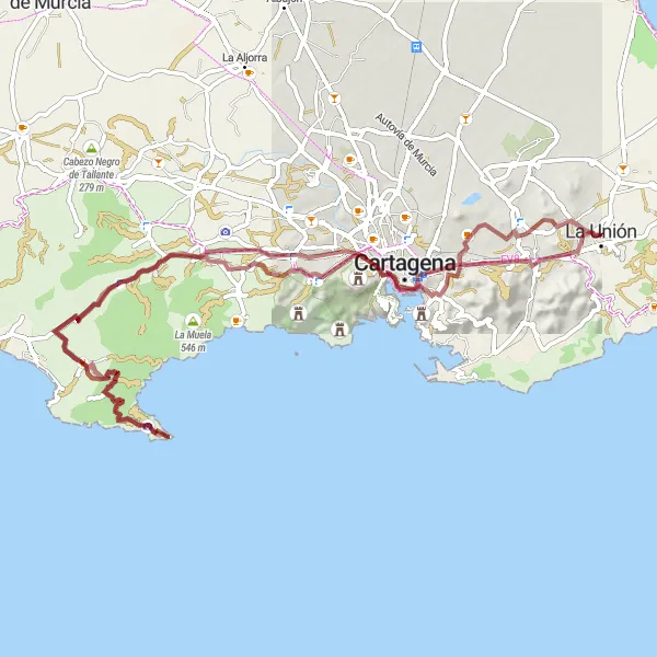 Miniatua del mapa de inspiración ciclista "Desafío de montaña en bicicleta de grava por La Unión" en Región de Murcia, Spain. Generado por Tarmacs.app planificador de rutas ciclistas