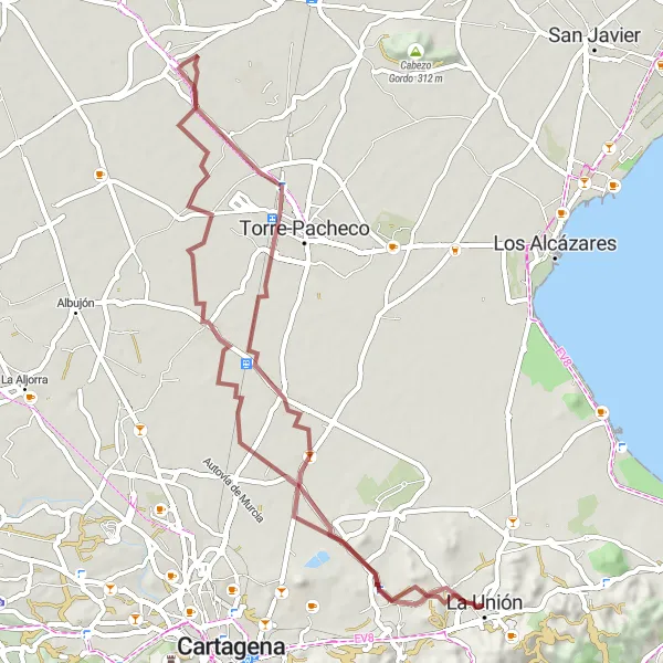 Miniature de la carte de l'inspiration cycliste "Parcours gravel à La Union et Casa del Piñón" dans la Región de Murcia, Spain. Générée par le planificateur d'itinéraire cycliste Tarmacs.app