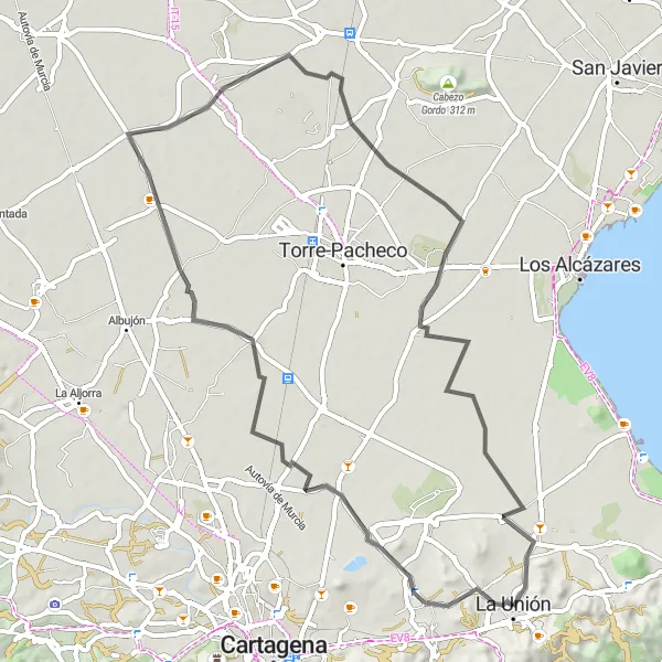 Map miniature of "Road Trip through Heritage" cycling inspiration in Región de Murcia, Spain. Generated by Tarmacs.app cycling route planner