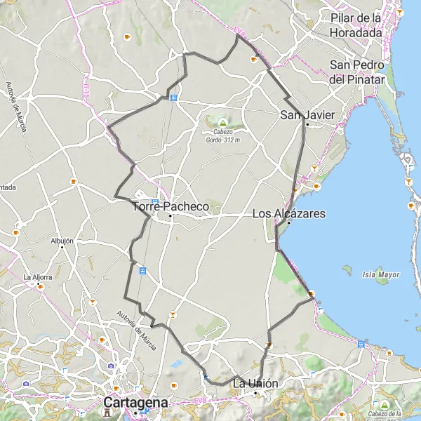 Miniature de la carte de l'inspiration cycliste "Route autour de La Union et San Javier" dans la Región de Murcia, Spain. Générée par le planificateur d'itinéraire cycliste Tarmacs.app