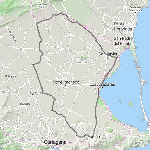 Map miniature of "Road from La Unión to Fuente de los Pescadores" cycling inspiration in Región de Murcia, Spain. Generated by Tarmacs.app cycling route planner