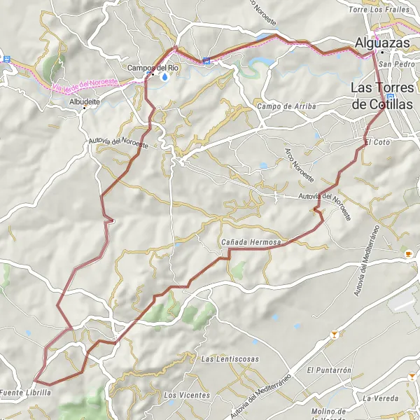 Miniature de la carte de l'inspiration cycliste "Parcours Nature autour de Las Torres de Cotillas" dans la Región de Murcia, Spain. Générée par le planificateur d'itinéraire cycliste Tarmacs.app
