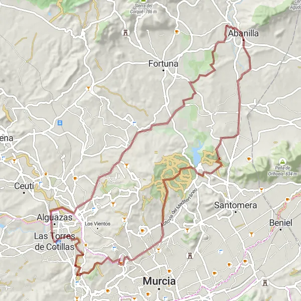 Miniatura della mappa di ispirazione al ciclismo "Circuito Gravel a Las Torres de Cotillas" nella regione di Región de Murcia, Spain. Generata da Tarmacs.app, pianificatore di rotte ciclistiche