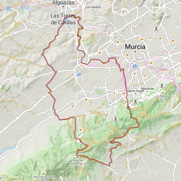 Miniatua del mapa de inspiración ciclista "Ruta de Las Torres de Cotillas a Pico del Águila" en Región de Murcia, Spain. Generado por Tarmacs.app planificador de rutas ciclistas