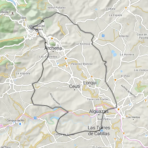 Miniatua del mapa de inspiración ciclista "Las Arboledas y Alguazas en Bicicleta de Carretera" en Región de Murcia, Spain. Generado por Tarmacs.app planificador de rutas ciclistas