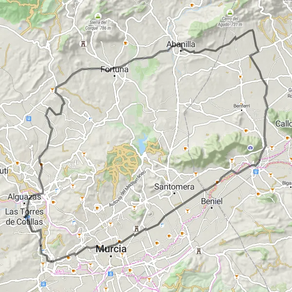 Miniatua del mapa de inspiración ciclista "Abanilla y Castillo de Monteagudo en Carretera" en Región de Murcia, Spain. Generado por Tarmacs.app planificador de rutas ciclistas