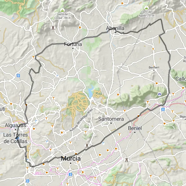 Miniatura della mappa di ispirazione al ciclismo "Avventura su Strada attraverso Abanilla e il Castillo de Monteagudo" nella regione di Región de Murcia, Spain. Generata da Tarmacs.app, pianificatore di rotte ciclistiche