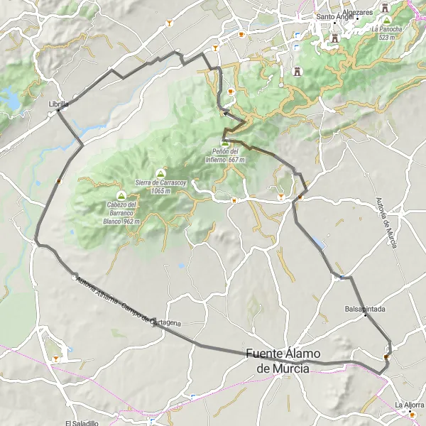 Miniature de la carte de l'inspiration cycliste "Les montagnes de la région de Murcie" dans la Región de Murcia, Spain. Générée par le planificateur d'itinéraire cycliste Tarmacs.app