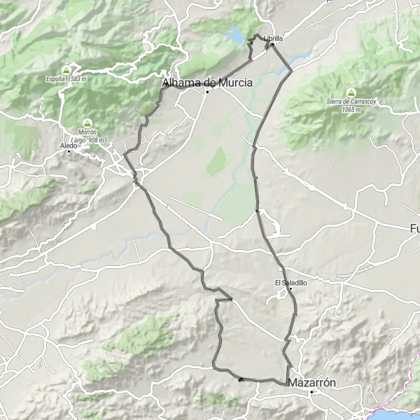 Miniatura della mappa di ispirazione al ciclismo "Road Route panoramico" nella regione di Región de Murcia, Spain. Generata da Tarmacs.app, pianificatore di rotte ciclistiche