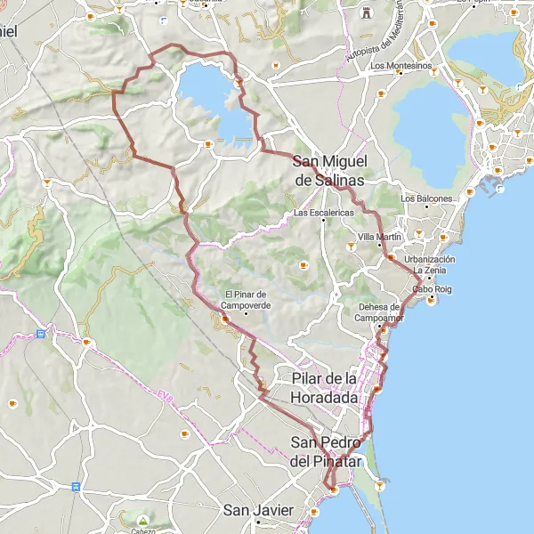 Miniatura della mappa di ispirazione al ciclismo "Esplorazione naturalistica tra San Pedro del Pinatar e El Mojón" nella regione di Región de Murcia, Spain. Generata da Tarmacs.app, pianificatore di rotte ciclistiche