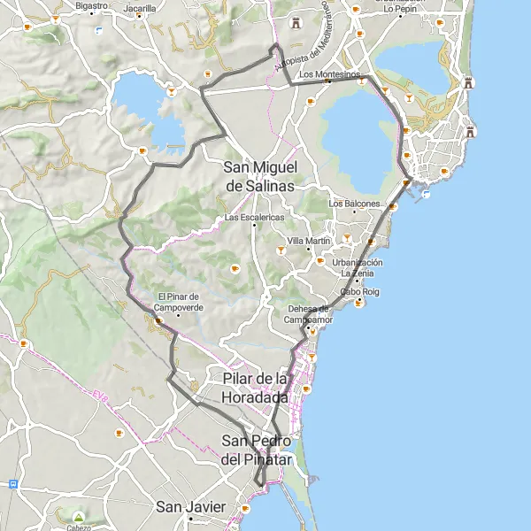 Karten-Miniaturansicht der Radinspiration "Radtour entlang der Lagunen von Lo Pagán" in Región de Murcia, Spain. Erstellt vom Tarmacs.app-Routenplaner für Radtouren
