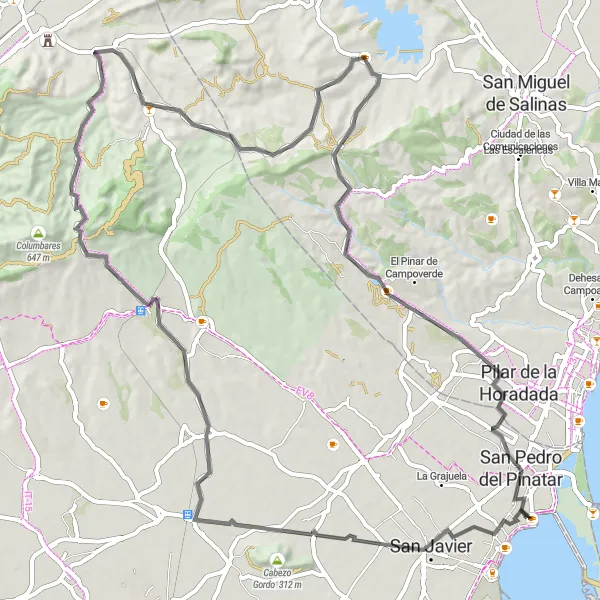 Miniaturní mapa "Výlet kolem San Javier" inspirace pro cyklisty v oblasti Región de Murcia, Spain. Vytvořeno pomocí plánovače tras Tarmacs.app