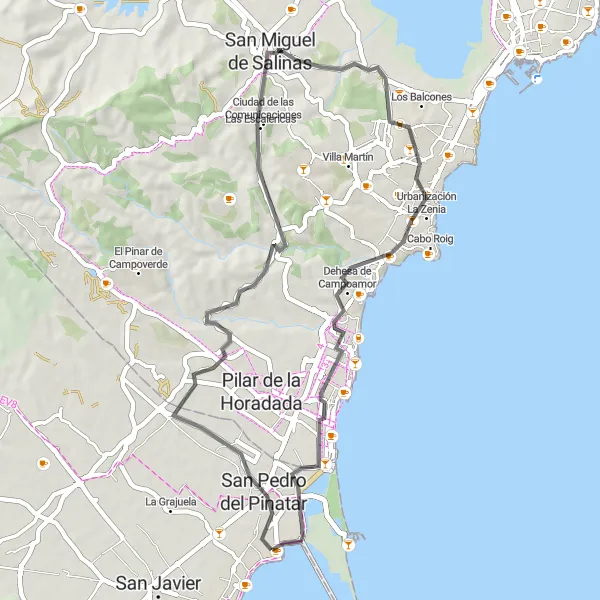 Map miniature of "San Pedro Coastal Loop" cycling inspiration in Región de Murcia, Spain. Generated by Tarmacs.app cycling route planner