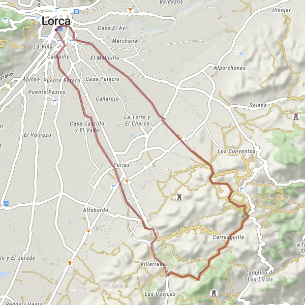 Miniature de la carte de l'inspiration cycliste "Itinéraire pittoresque à Lorca" dans la Región de Murcia, Spain. Générée par le planificateur d'itinéraire cycliste Tarmacs.app