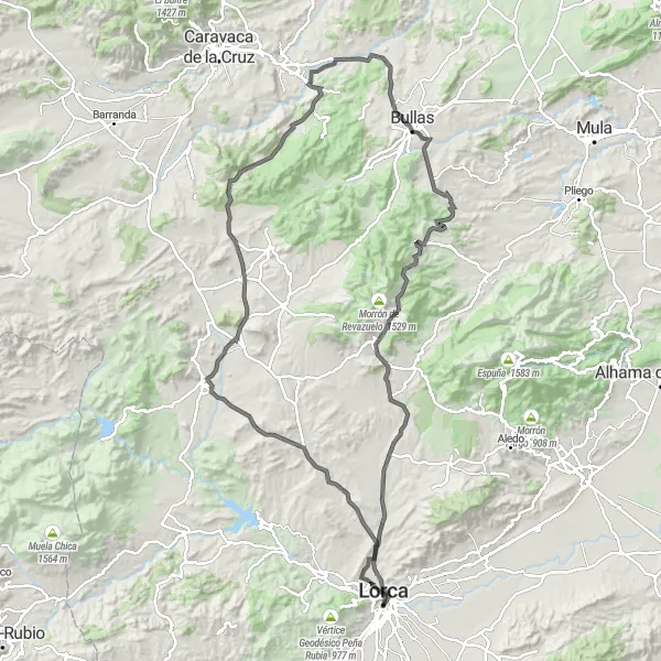 Miniatua del mapa de inspiración ciclista "Ruta de ciclismo por carretera desde Lorca" en Región de Murcia, Spain. Generado por Tarmacs.app planificador de rutas ciclistas