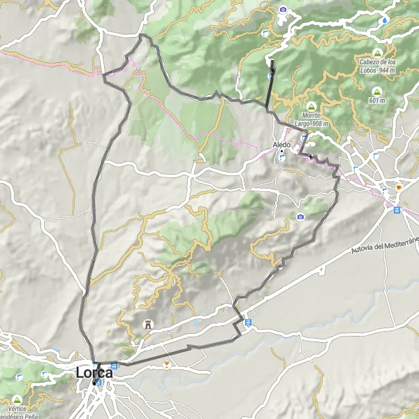 Map miniature of "Dramatic Landscapes and Historic Gems on a Road Cycling Adventure" cycling inspiration in Región de Murcia, Spain. Generated by Tarmacs.app cycling route planner