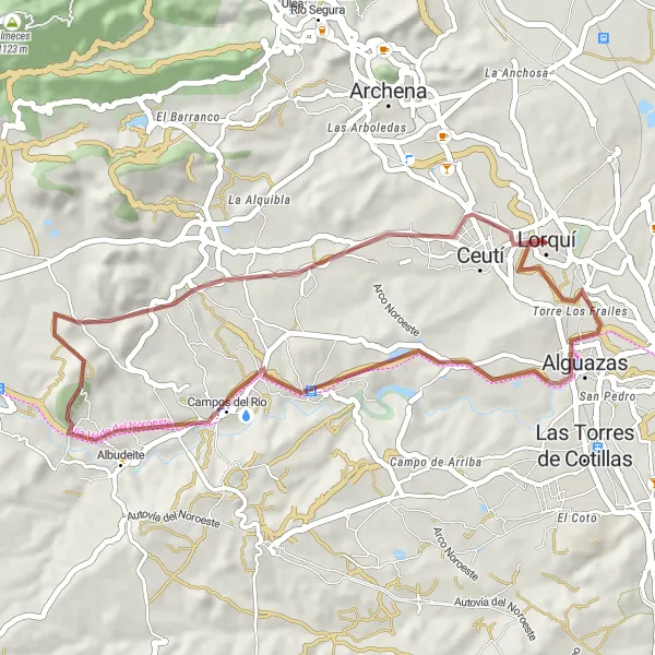 Miniaturekort af cykelinspirationen "Grusvejscykelrute omkring Lorquí" i Región de Murcia, Spain. Genereret af Tarmacs.app cykelruteplanlægger