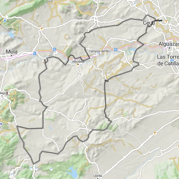 Map miniature of "The Road Challenge" cycling inspiration in Región de Murcia, Spain. Generated by Tarmacs.app cycling route planner