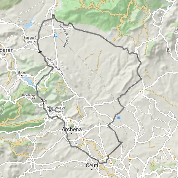 Map miniature of "Road Cycling Challenge to Ojós" cycling inspiration in Región de Murcia, Spain. Generated by Tarmacs.app cycling route planner