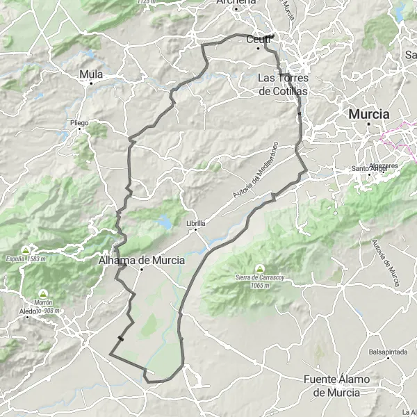 Miniaturekort af cykelinspirationen "Landevejscykelrute omkring Lorquí" i Región de Murcia, Spain. Genereret af Tarmacs.app cykelruteplanlægger
