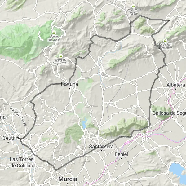 Miniatura della mappa di ispirazione al ciclismo "Il Grande Giro attraverso Fortuna e Pico Bermejo" nella regione di Región de Murcia, Spain. Generata da Tarmacs.app, pianificatore di rotte ciclistiche