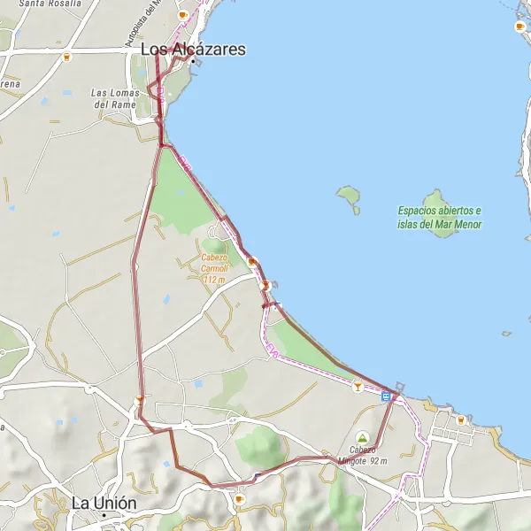 Map miniature of "Los Alcázares to Cabezo Carmolí and Fuente de los Pescadores" cycling inspiration in Región de Murcia, Spain. Generated by Tarmacs.app cycling route planner