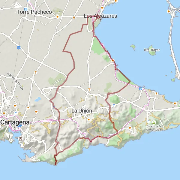 Miniaturní mapa "Gravelová trasa Los Alcázares - Fuente de los Pescadores" inspirace pro cyklisty v oblasti Región de Murcia, Spain. Vytvořeno pomocí plánovače tras Tarmacs.app