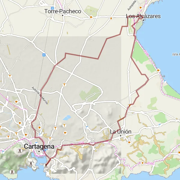 Map miniature of "Los Alcázares to Las Lomas del Rame" cycling inspiration in Región de Murcia, Spain. Generated by Tarmacs.app cycling route planner
