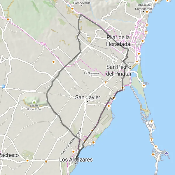 Map miniature of "Los Alcázares to Fuente de los Pescadores" cycling inspiration in Región de Murcia, Spain. Generated by Tarmacs.app cycling route planner