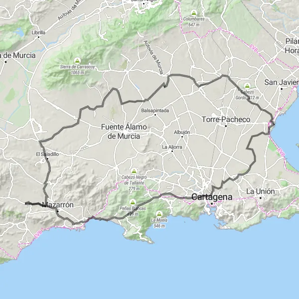 Miniaturní mapa "Okruh Červenou cestou s 1037 m stoupání na 149 km" inspirace pro cyklisty v oblasti Región de Murcia, Spain. Vytvořeno pomocí plánovače tras Tarmacs.app