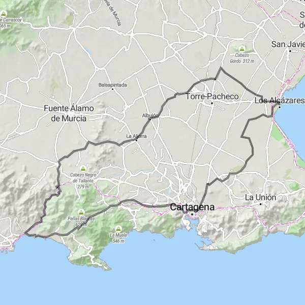 Miniaturekort af cykelinspirationen "Kort rundtur på landevejscykel nær Los Alcázares" i Región de Murcia, Spain. Genereret af Tarmacs.app cykelruteplanlægger