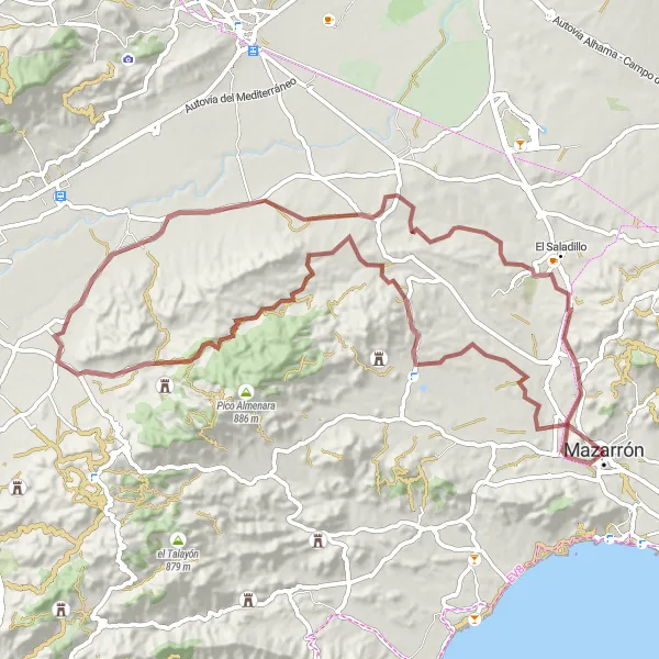 Map miniature of "Castillo de los Vélez and Mazarrón Gravel Route" cycling inspiration in Región de Murcia, Spain. Generated by Tarmacs.app cycling route planner