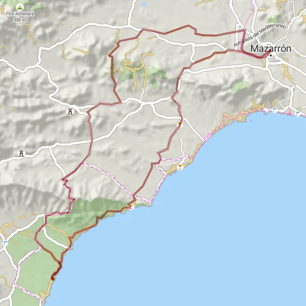 Miniatura della mappa di ispirazione al ciclismo "Avventura in gravel da Mazarrón a Schöpfwerk historisch" nella regione di Región de Murcia, Spain. Generata da Tarmacs.app, pianificatore di rotte ciclistiche