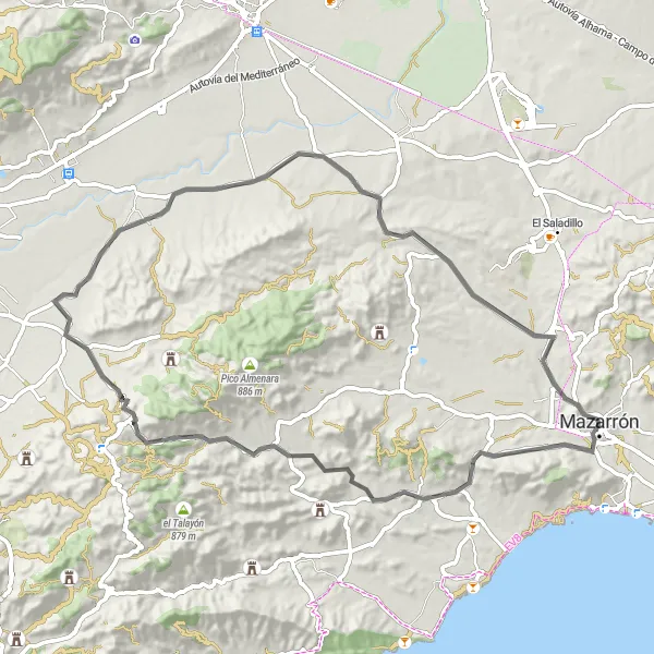 Miniature de la carte de l'inspiration cycliste "Boucle à travers los Vélez" dans la Región de Murcia, Spain. Générée par le planificateur d'itinéraire cycliste Tarmacs.app