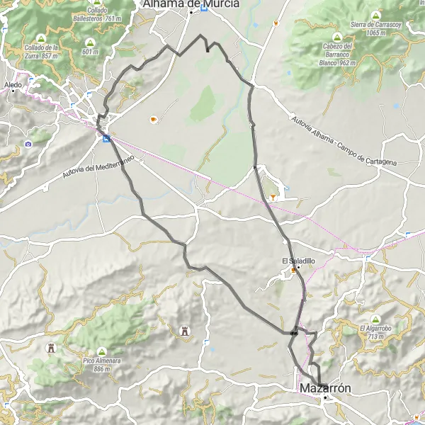 Miniatura della mappa di ispirazione al ciclismo "Giro in bicicletta da Mazarrón a Totana e al Castillo de los Vélez" nella regione di Región de Murcia, Spain. Generata da Tarmacs.app, pianificatore di rotte ciclistiche