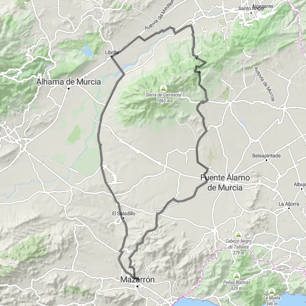 Miniature de la carte de l'inspiration cycliste "Les Collines de Murcie" dans la Región de Murcia, Spain. Générée par le planificateur d'itinéraire cycliste Tarmacs.app