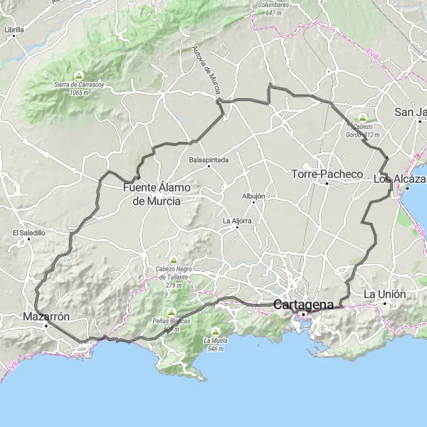 Miniatuurkaart van de fietsinspiratie "Wegfietsroute vanuit Mazarrón" in Región de Murcia, Spain. Gemaakt door de Tarmacs.app fietsrouteplanner