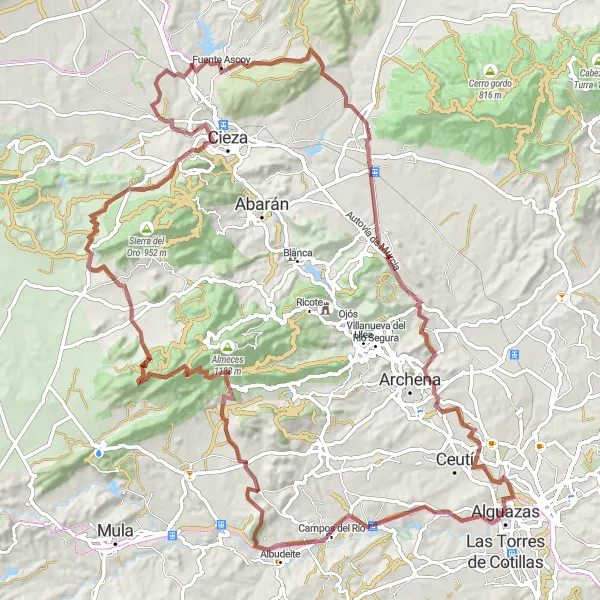 Miniatura mapy "Szlak rowerowy Molina de Segura - Mirador del Río Mula - Campos del Río - Piedra Bermeja - La atalaya - Cieza - Fuente Ascoy - Sierra de Ascoy - Mirador de la Ermita - Lorquí - Molina de Segura" - trasy rowerowej w Región de Murcia, Spain. Wygenerowane przez planer tras rowerowych Tarmacs.app