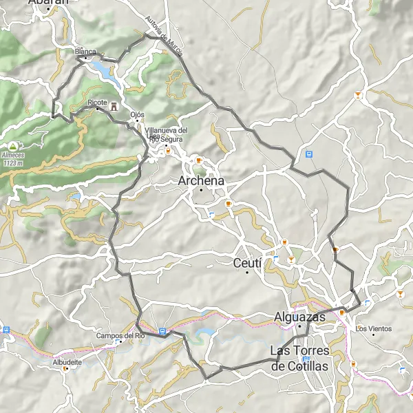 Miniaturní mapa "Trasa okolo Molina de Segura" inspirace pro cyklisty v oblasti Región de Murcia, Spain. Vytvořeno pomocí plánovače tras Tarmacs.app