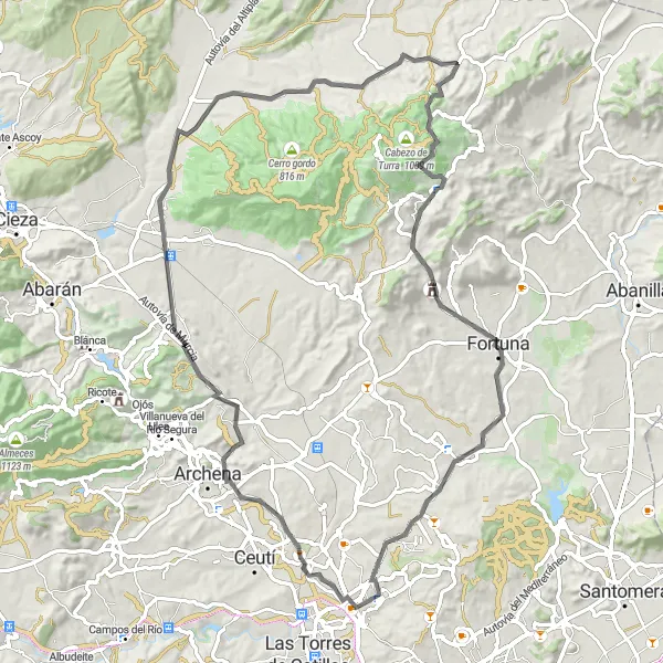 Miniatua del mapa de inspiración ciclista "Ruta de Carretera Molina de Segura - Fortuna - Los Valientes" en Región de Murcia, Spain. Generado por Tarmacs.app planificador de rutas ciclistas