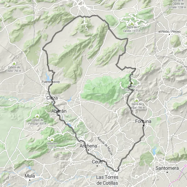 Map miniature of "Climbing Challenge: Lorquí to Fortuna" cycling inspiration in Región de Murcia, Spain. Generated by Tarmacs.app cycling route planner