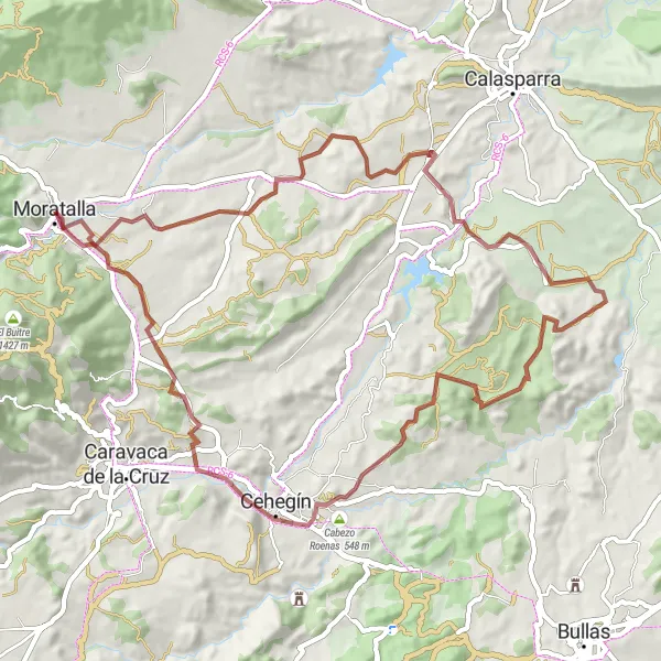 Miniatua del mapa de inspiración ciclista "Ruta de gravilla a Moratalla por Valentín y Cabezo Roenas" en Región de Murcia, Spain. Generado por Tarmacs.app planificador de rutas ciclistas