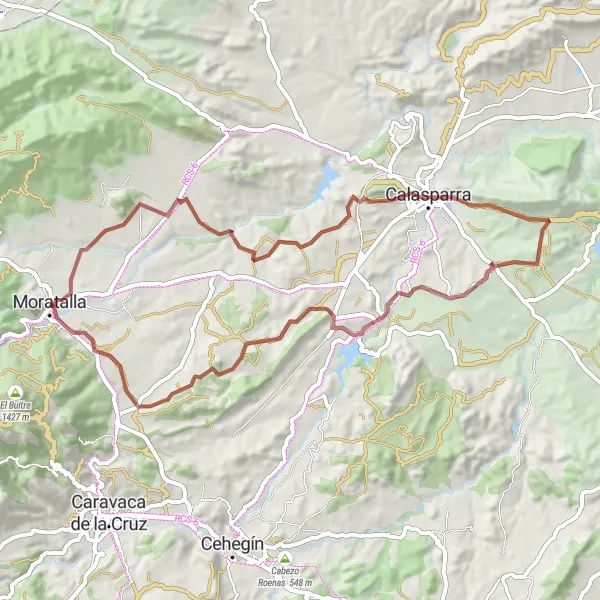 Map miniature of "The Gravel Adventure through Moratalla and Surroundings" cycling inspiration in Región de Murcia, Spain. Generated by Tarmacs.app cycling route planner